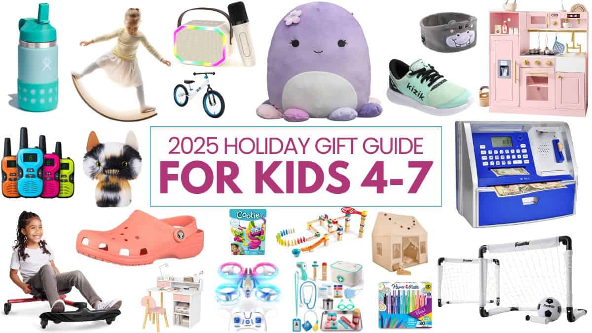 A collage of popular kids' toys and gifts for ages 4-7, including bikes, plush toys, walkie-talkies, a play kitchen, balance board, art supplies, and sports sets.