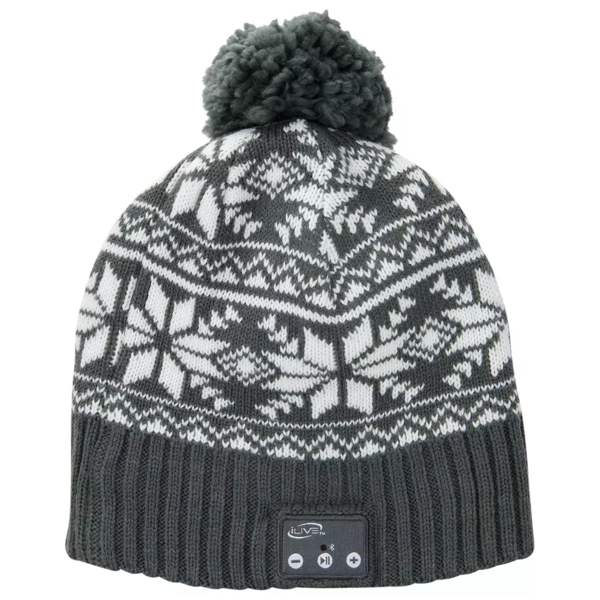 Gray and white knit winter beanie with a snowflake pattern, pom-pom on top, and built-in Bluetooth control panel on the cuff.