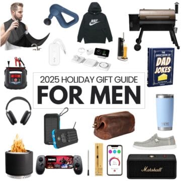 Collage of men’s gift ideas showing a beard bib, massage gun, hoodie, Traeger grill, books, gadgets, chargers, speakers, a YETI tumbler, shoes, and a leather toiletry bag.