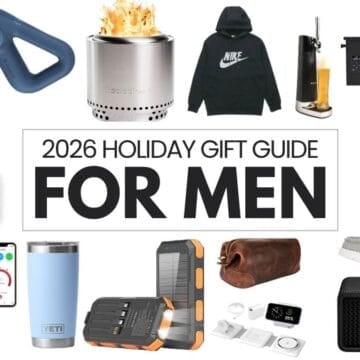 2026 holiday gift guide for men featuring a grill, fire pit, hoodie, headphones, speaker, power bank, drinkware, and other gift ideas.