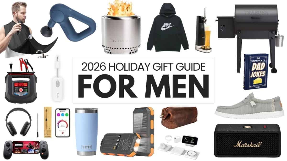 2026 holiday gift guide for men featuring a grill, fire pit, hoodie, headphones, speaker, power bank, drinkware, and other gift ideas.
