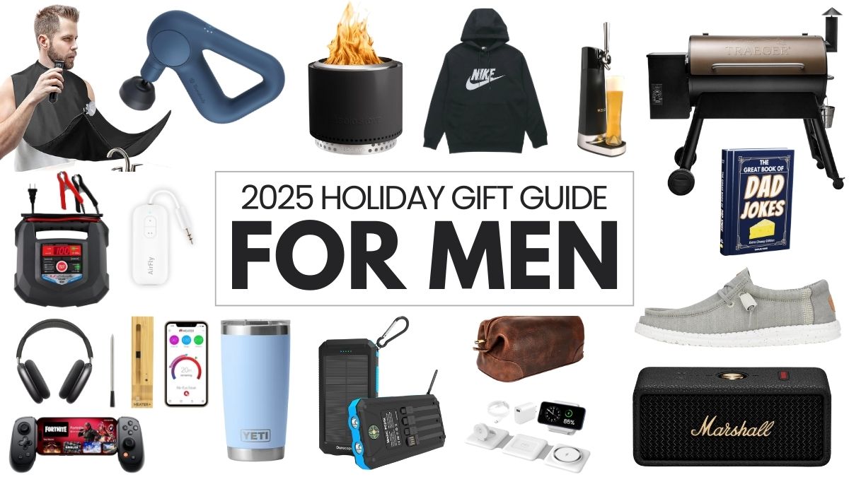 2025 holiday gift guide collage featuring men's gift ideas, including gadgets, grooming tools, tech accessories, a grill, shoes, a hoodie, and more.
