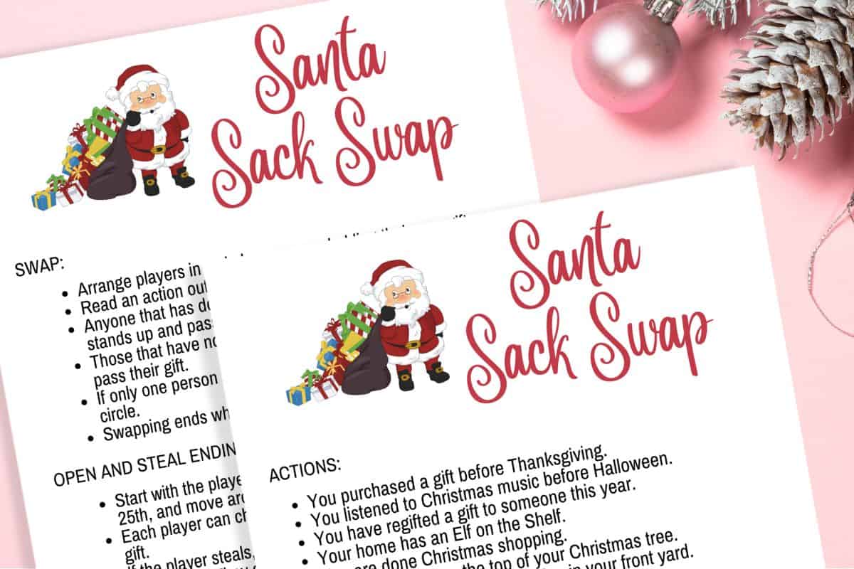 Santa sack swap Christmas game printable on a pink background with a Christmas ornament.