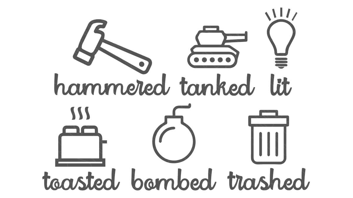 Set of six icons with text: hammer with