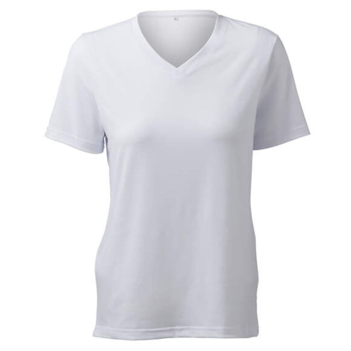 A plain white short-sleeve women's V-neck T-shirt displayed on a mannequin against a simple white background.