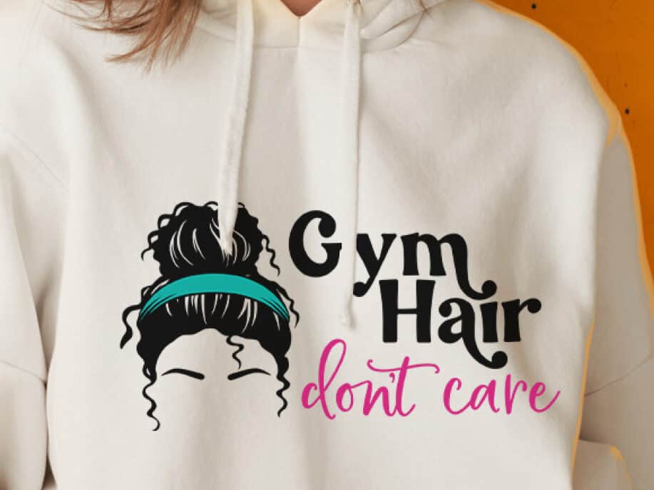 White hoodie with the design, Gym Hair Don't Care.