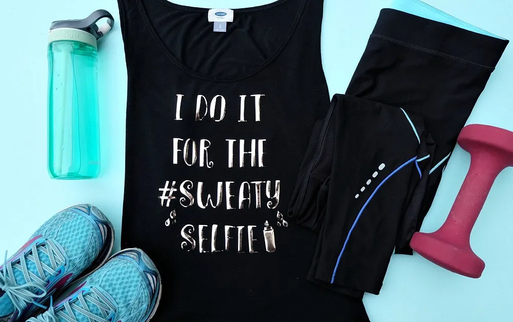Black tank top with the design Do it for the Sweaty Selfie.