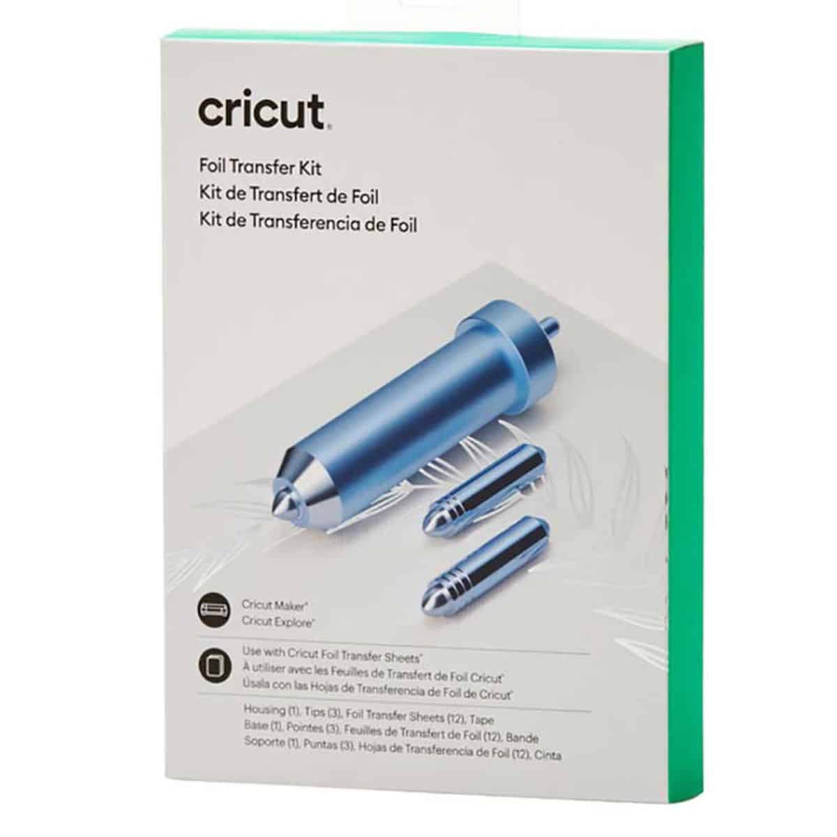 Cricut Foil Transfer Kit box showing the blue foil transfer tool with interchangeable tips and foil sheets for use with Cricut Maker and Cricut Explore machines.