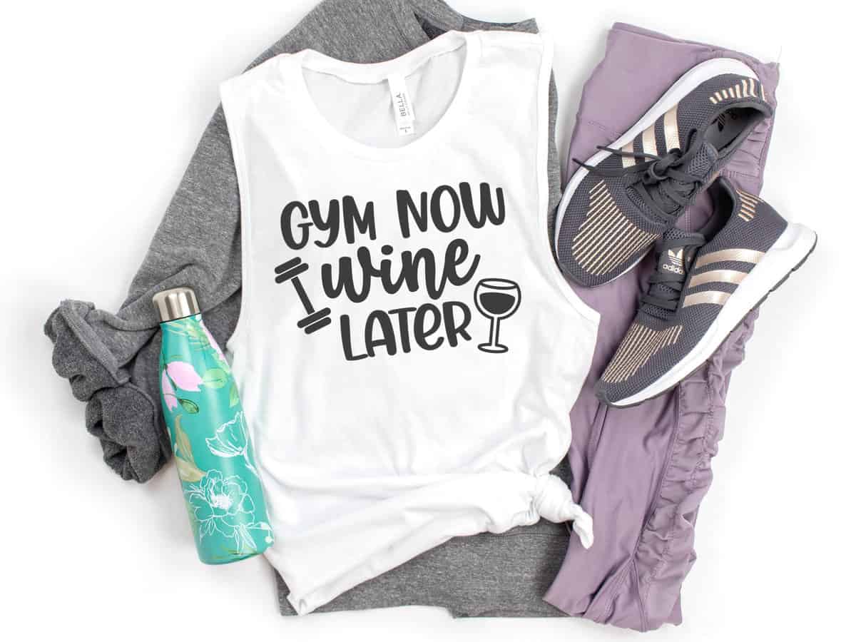 White tank top with the design Gym Now Wine.