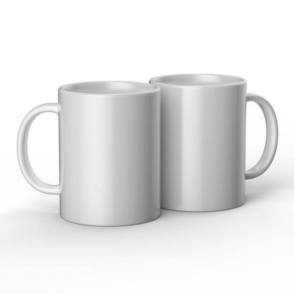 Two blank ceramic mugs with handles, shown side by side on a white background, ready for customization or sublimation projects.