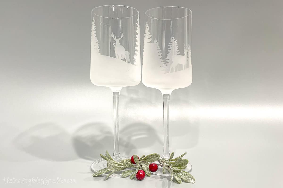 Two beautiful glass etched wine glasses.
