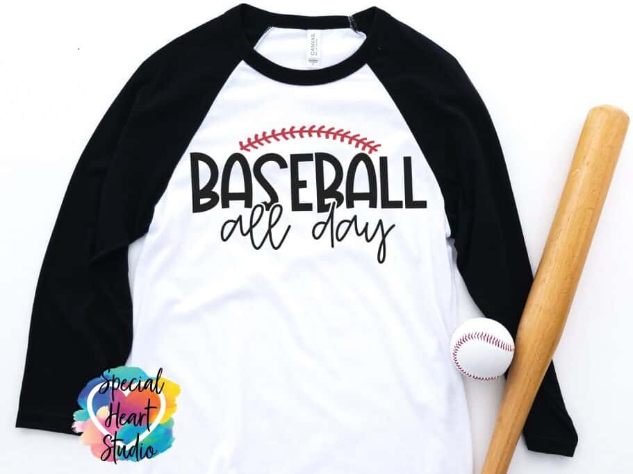 A T-shirt with a design that reads baseball all day.
