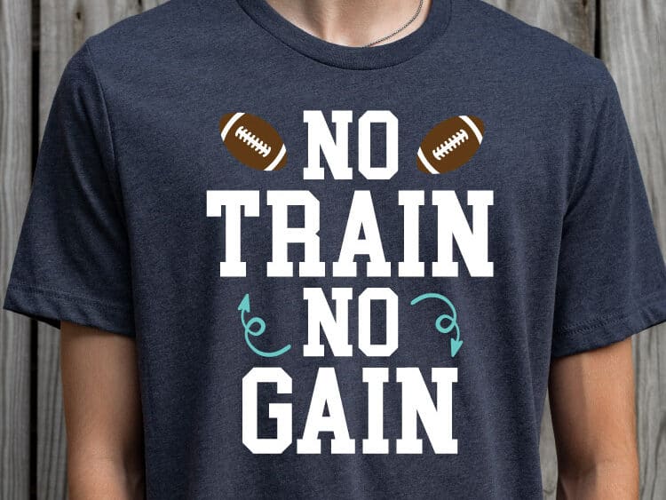 A T-shirt with a design that reads no train no gain.