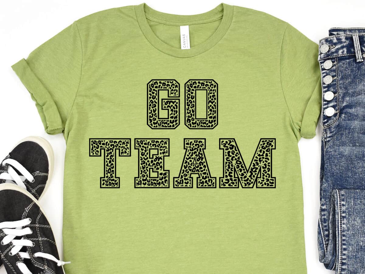 A T-shirt with a design that reads Go team.