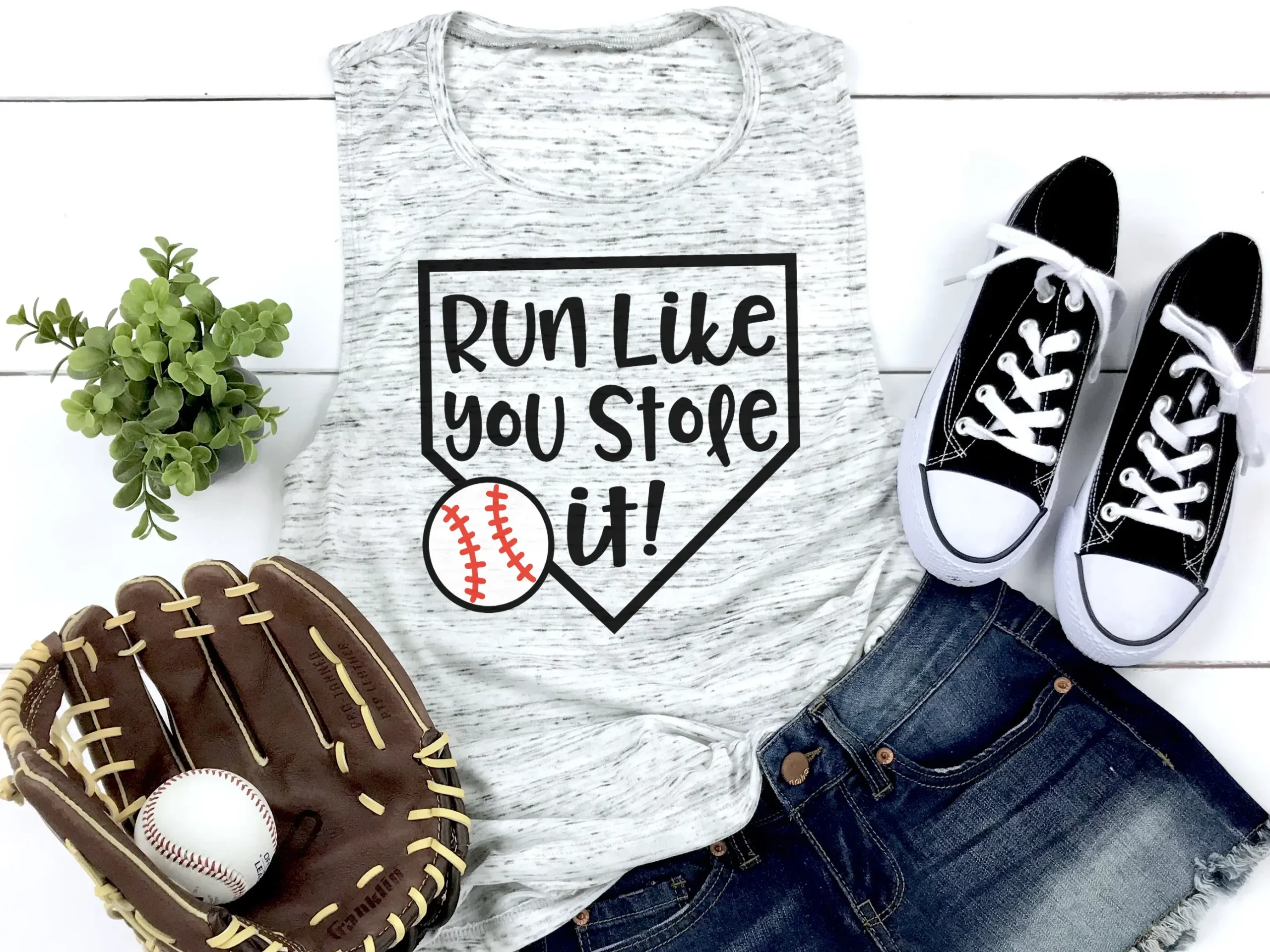 A T-shirt with a design that reads run like you stole it.