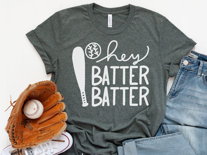 A T-shirt with a design that reads hey batter batter.