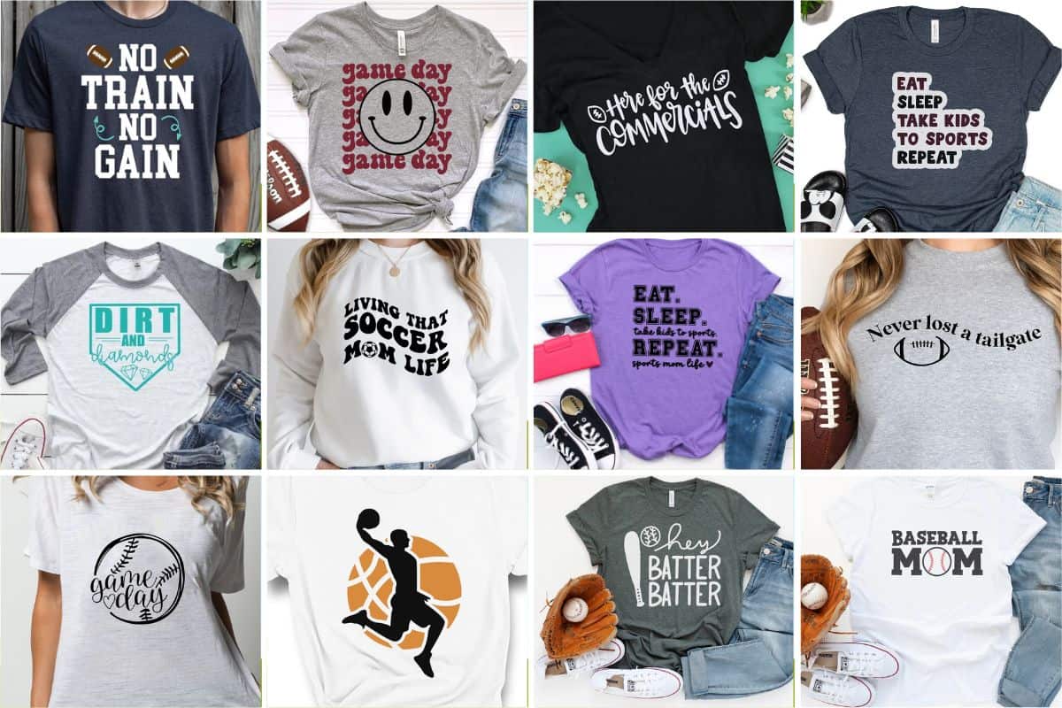 Collage image with 12 shirts with a sports theme. 