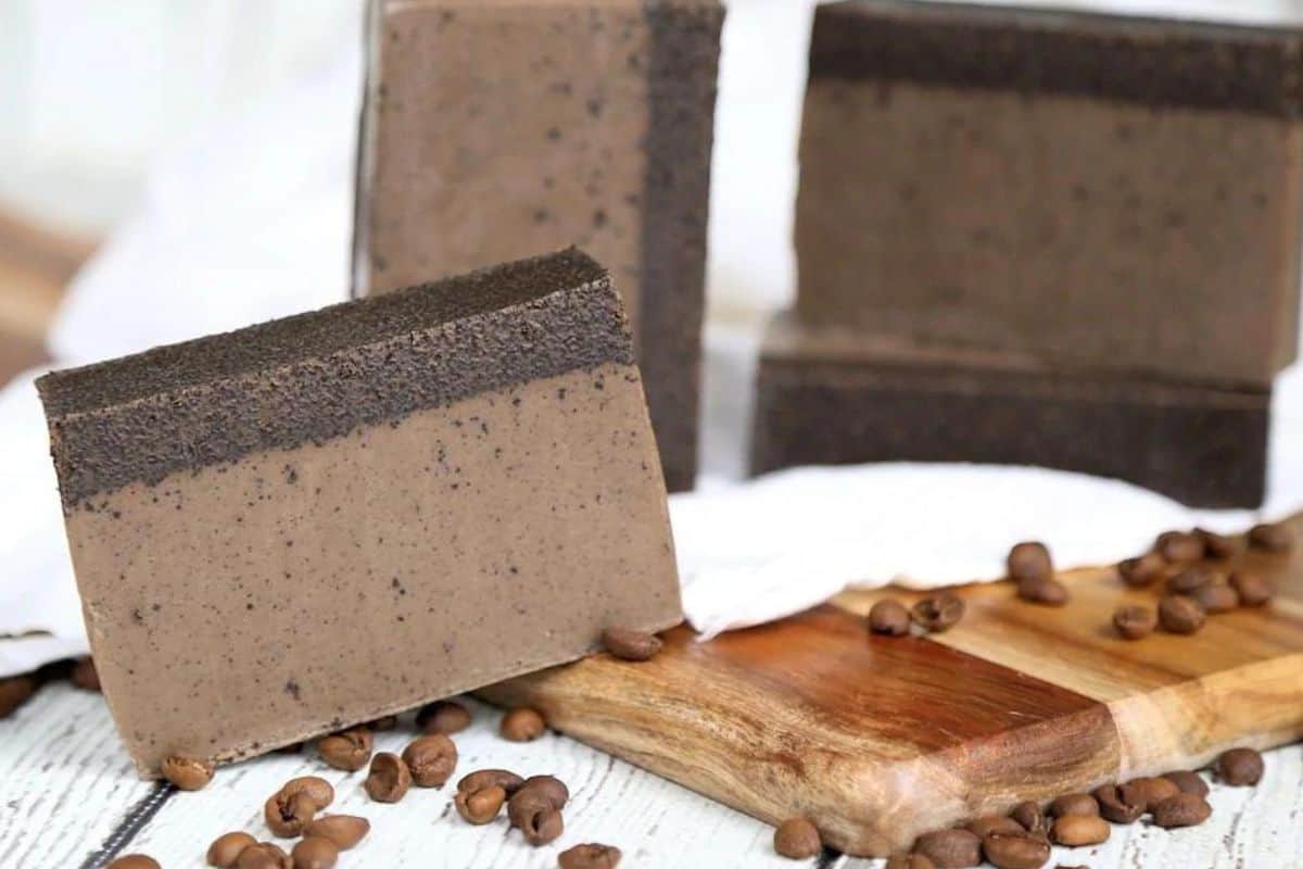 3 bars of coffee soap standing together.
