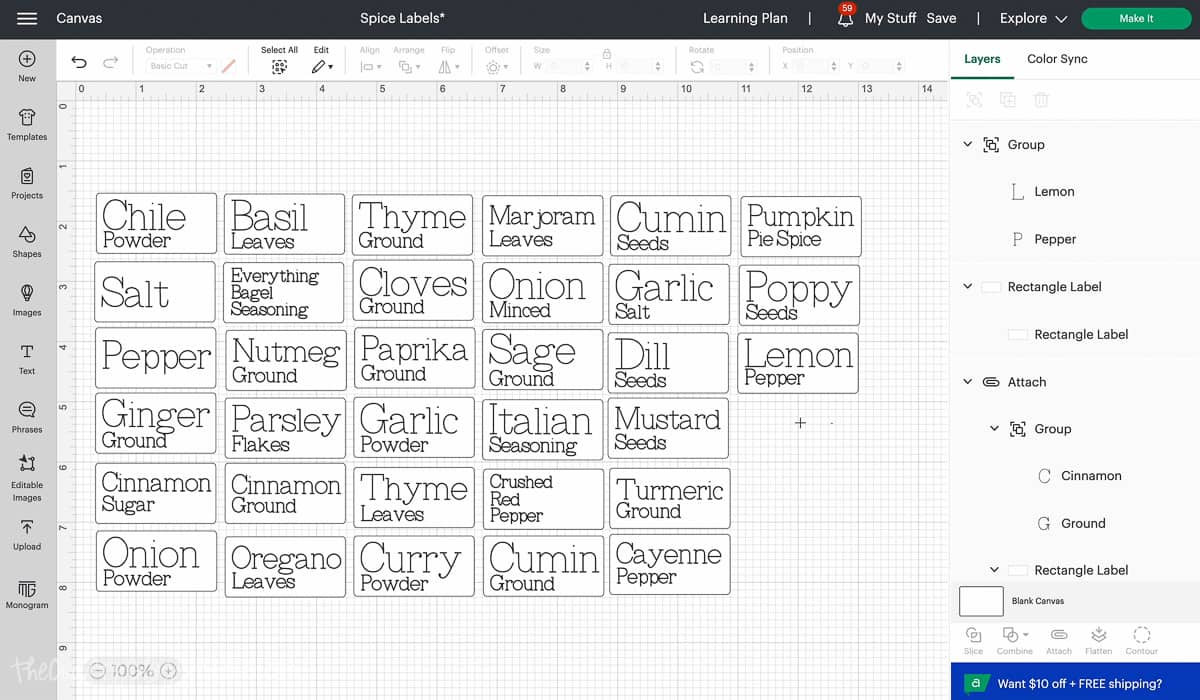 Screen shot of spice labels in Cricut Design Space.