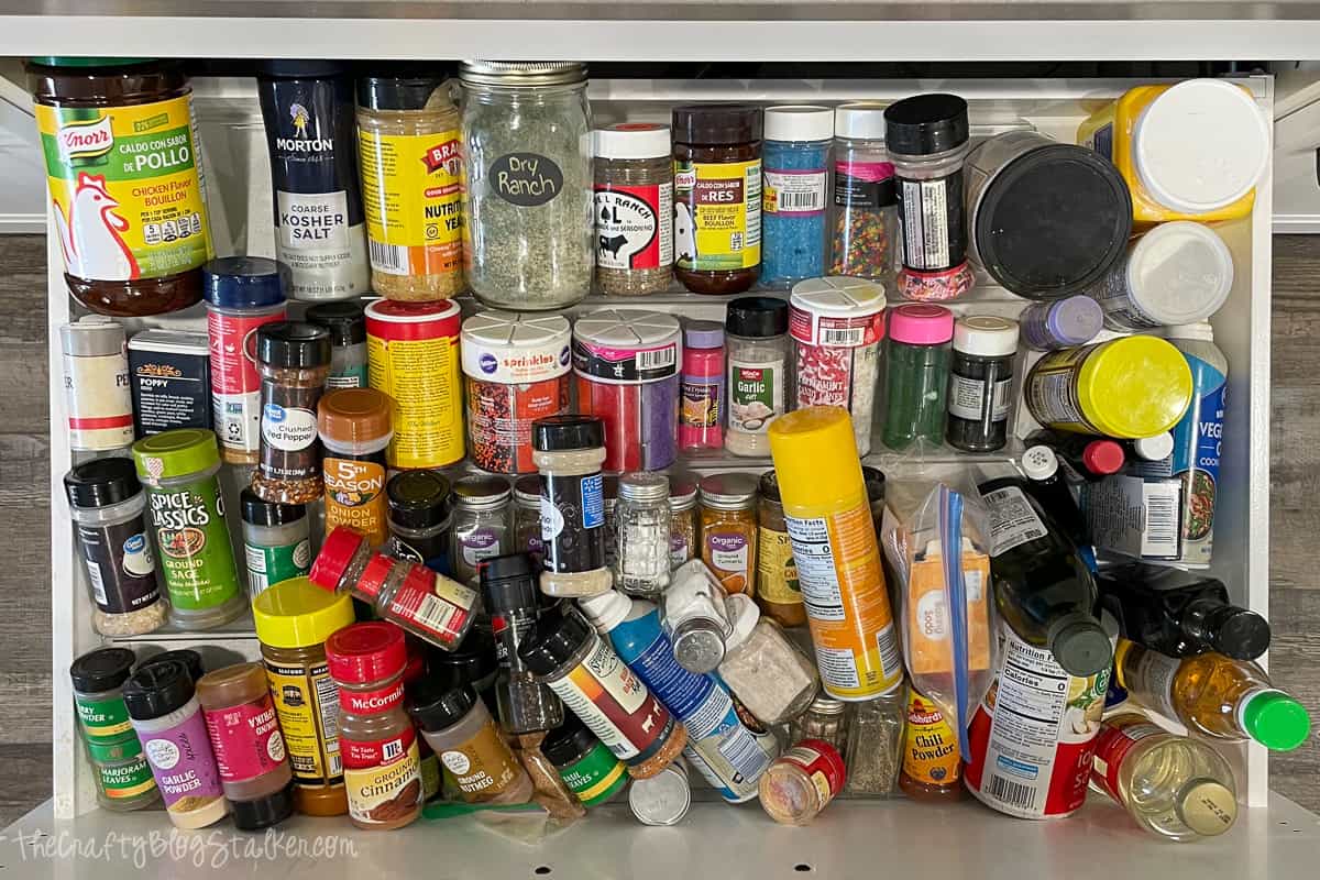 A very messy spice drawer in my kitchen.