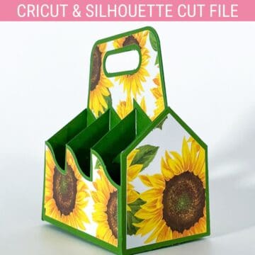 Sunflower six-pack treat holder SVG with a built-in handle and six compartments for Cricut and Silhouette paper crafting projects.