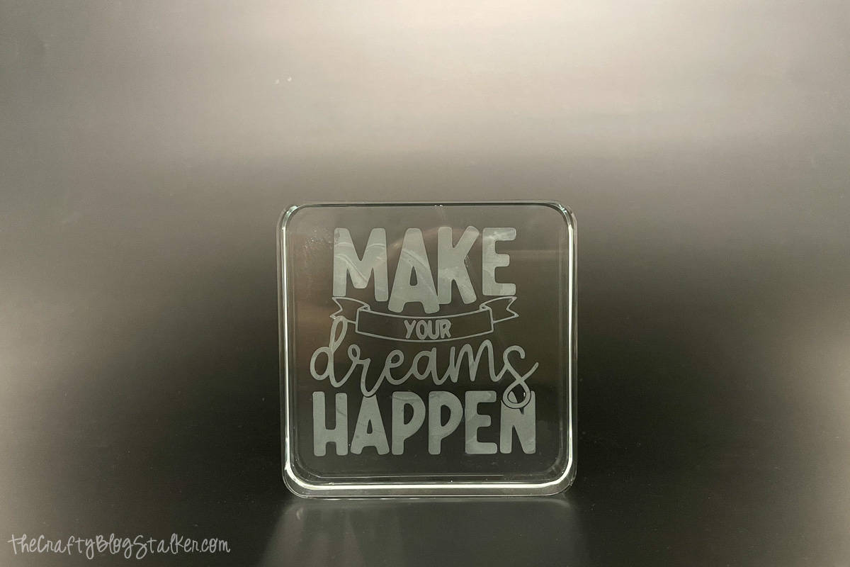 The finished etched glass paperweight.