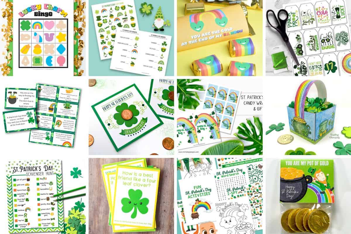 Collage image with 12 St. Patrick's Day printables.