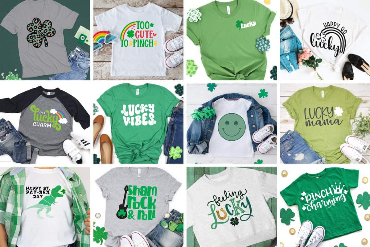 An image collage with 12 different st patricks day shirts.