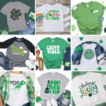 A square collage image with 9 st patricks day shirts.