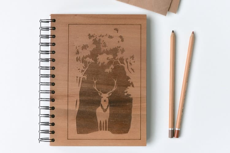 A wooden notebook with two wooden pencils.
