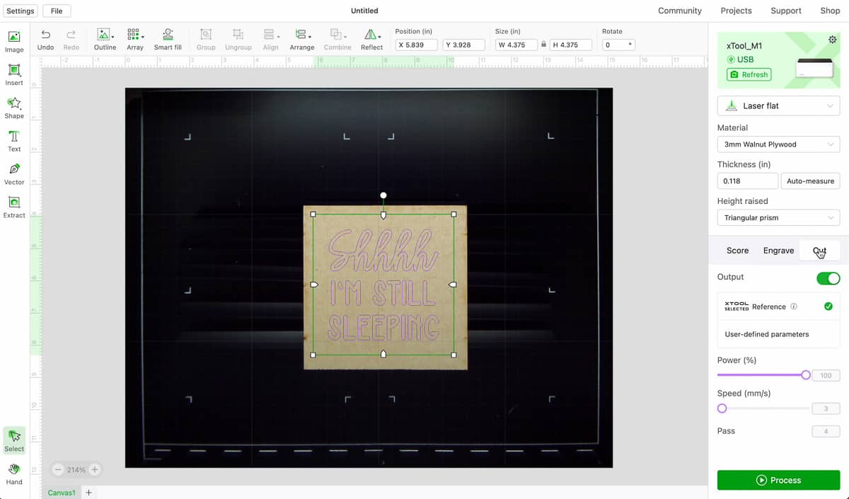 Screenshot of xTool Creative Space with the design centered on the piece of MDF.