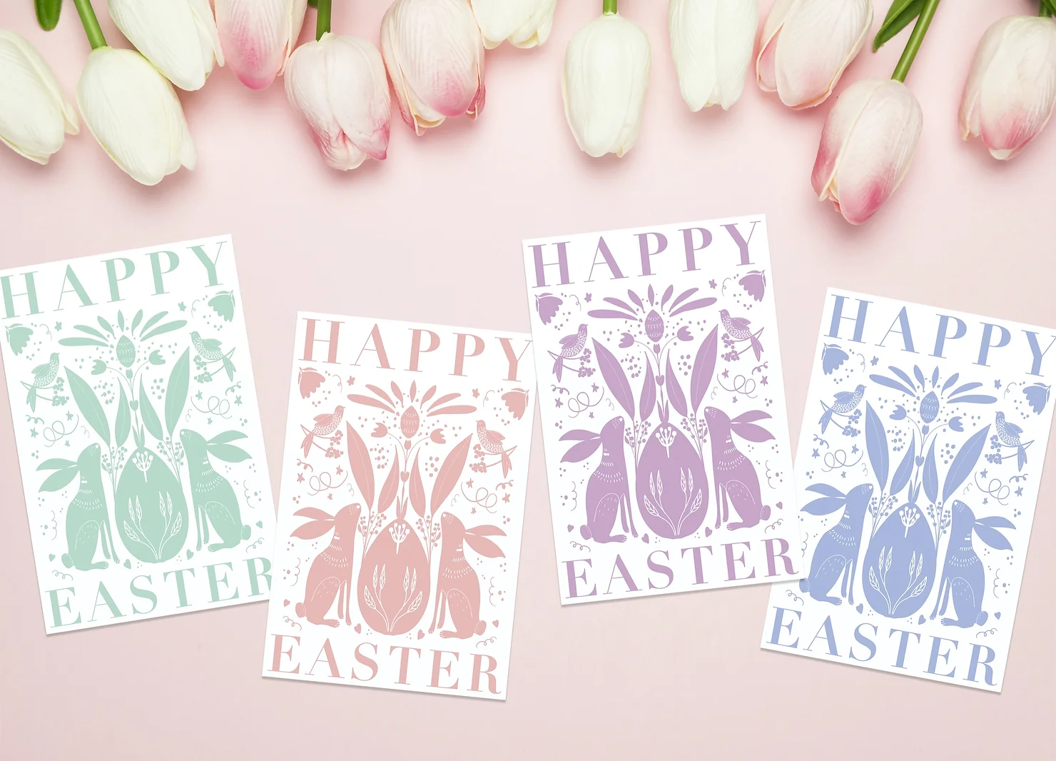 Printable easter cards in mint, pink, purple and blue.
