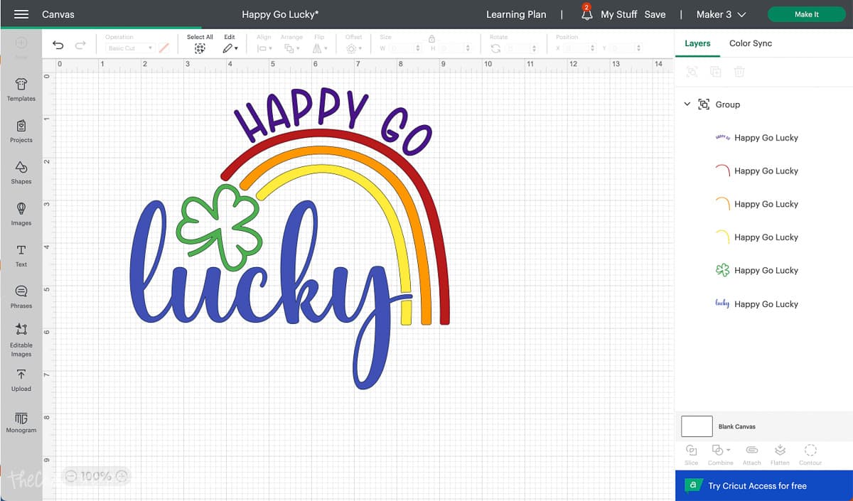 Screenshot of Cricut Design Space with a 6-color layered design.