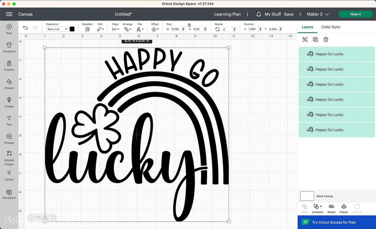 Screenshot of Cricut Design Space with the 6 designs.