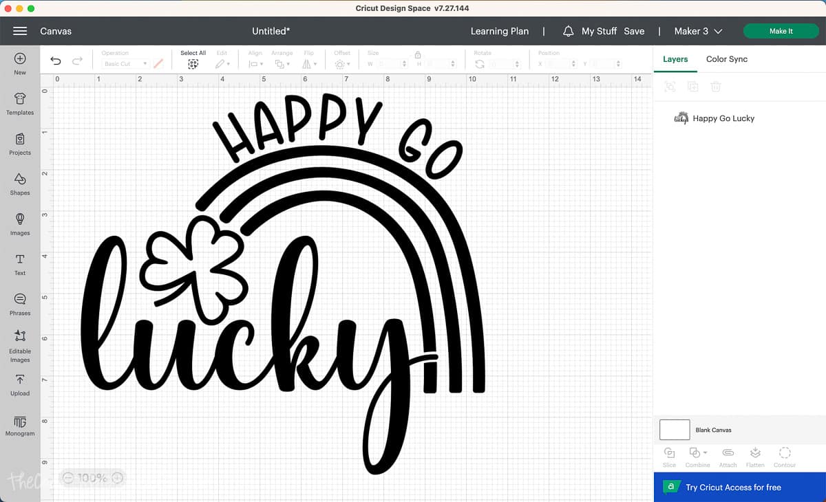 Screenshot of Cricut Design Space with the uploaded design.