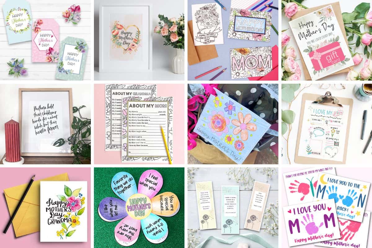 Collage image with 12 Mother's Day Printables.