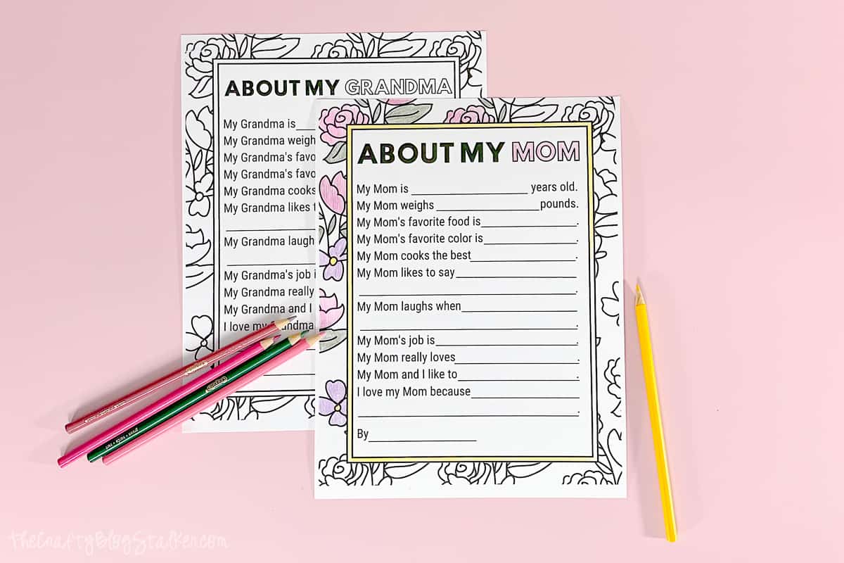 Two printable PDFs for Mother's Day with coloring pencils. About My Mom, About My Grandma.