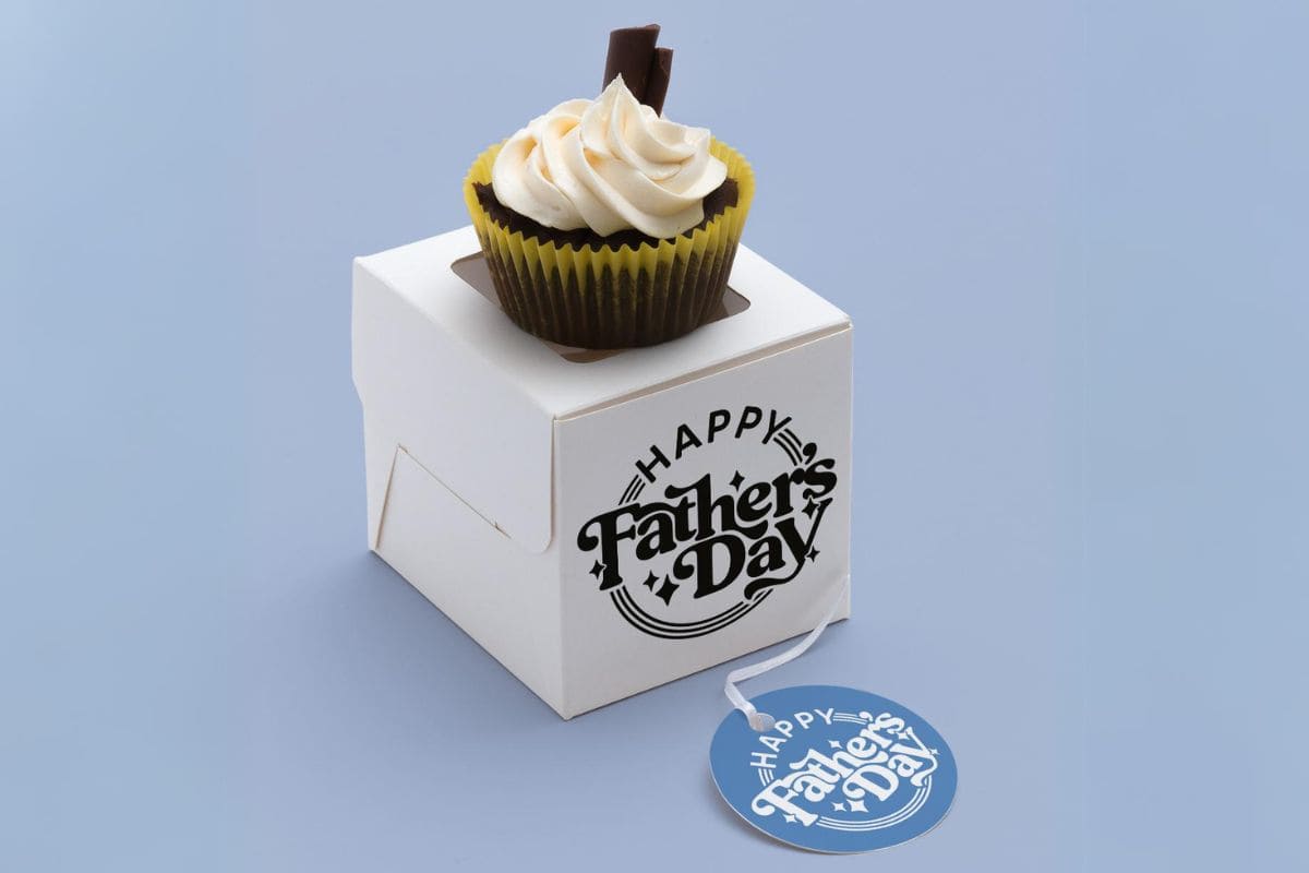 A cupcake box and card with a "Happy Father's Day" design.