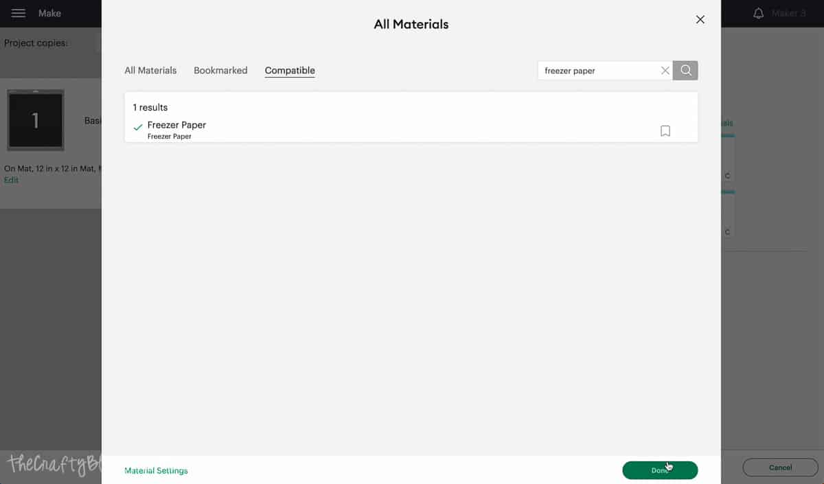 Screen shot of Cricut Design Space, selecting Freezer Paper as the material to cut.