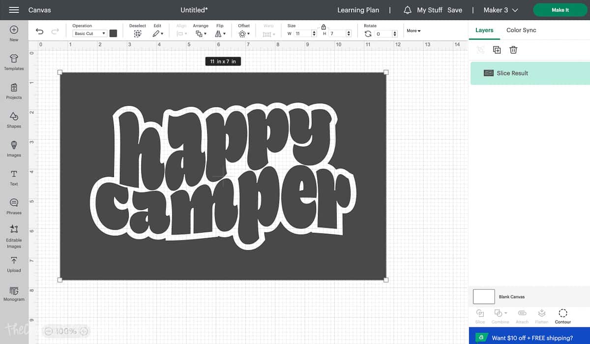 Screenshot of Cricut Design Space with the happy camper stencil ready to cut.