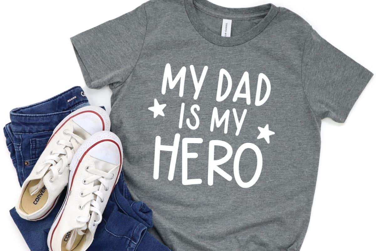 Flay lay with a gray t-shirt that reads "My Dad is My Hero".