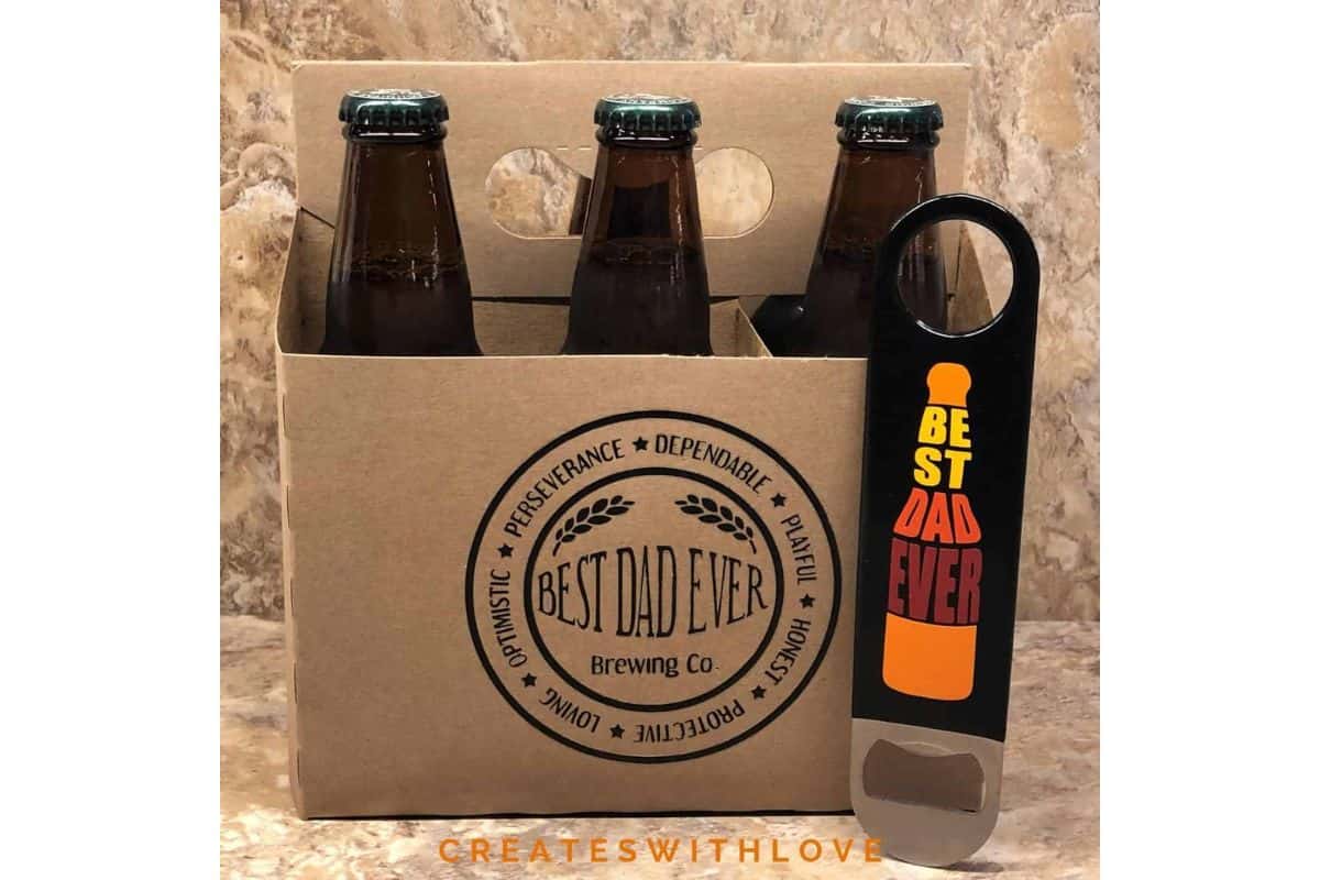 A cardboard 6 pack and bottle opener with a design that reads "best dad ever".