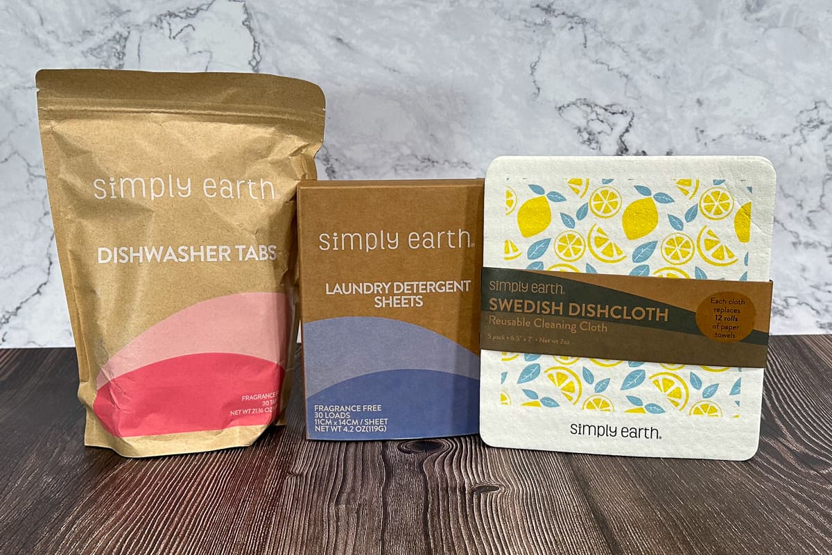 Simply Earth's cleaning line. Dishwasher tabs, laundry detergent sheets, and Swedish dishcloths.
