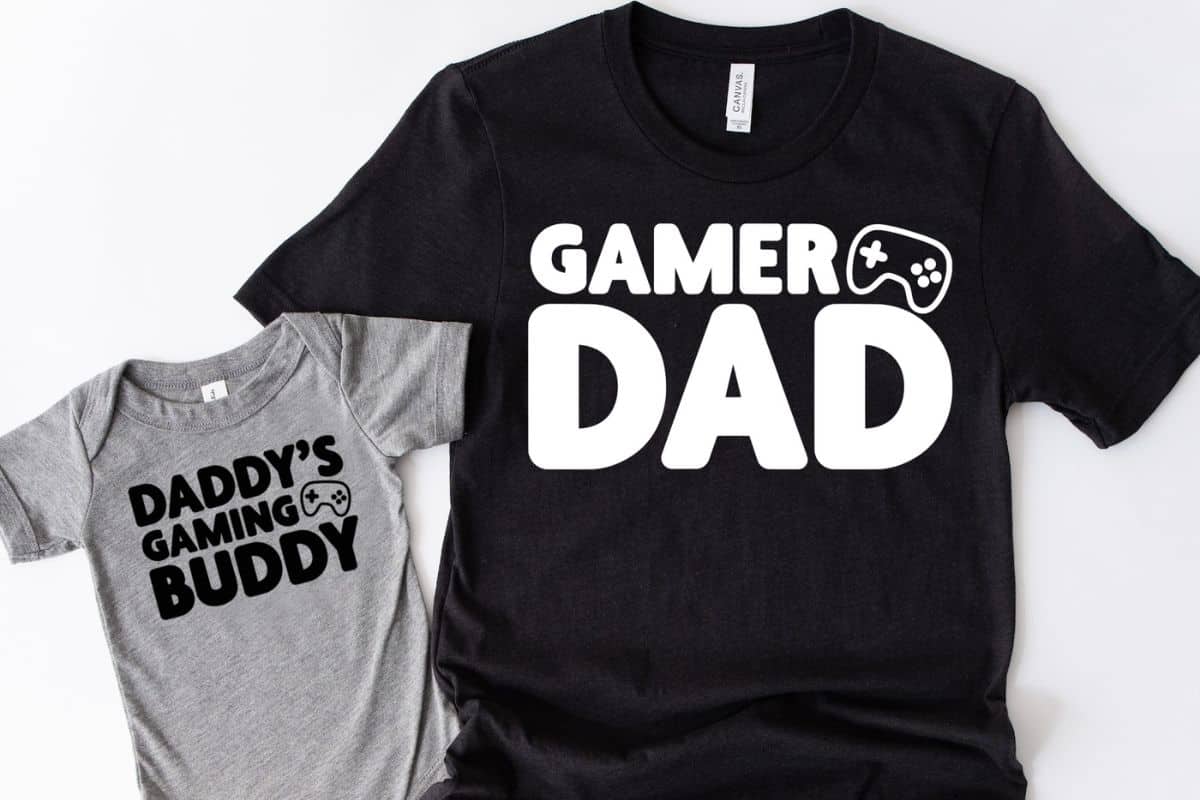 Gamer Dad and Gamer Buddy SVG on a shirt and a onsie.