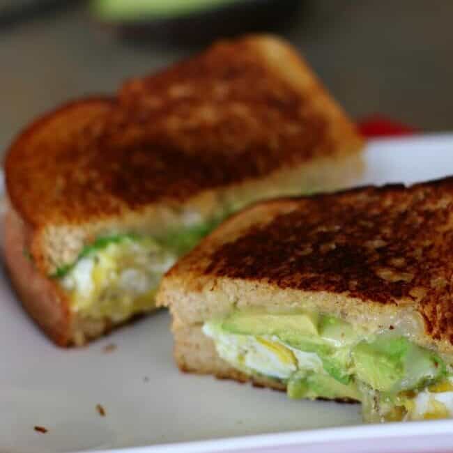Avocado, Egg, and Pepper Jack Grilled Cheese Sandwich on Whole Wheat Bread.
