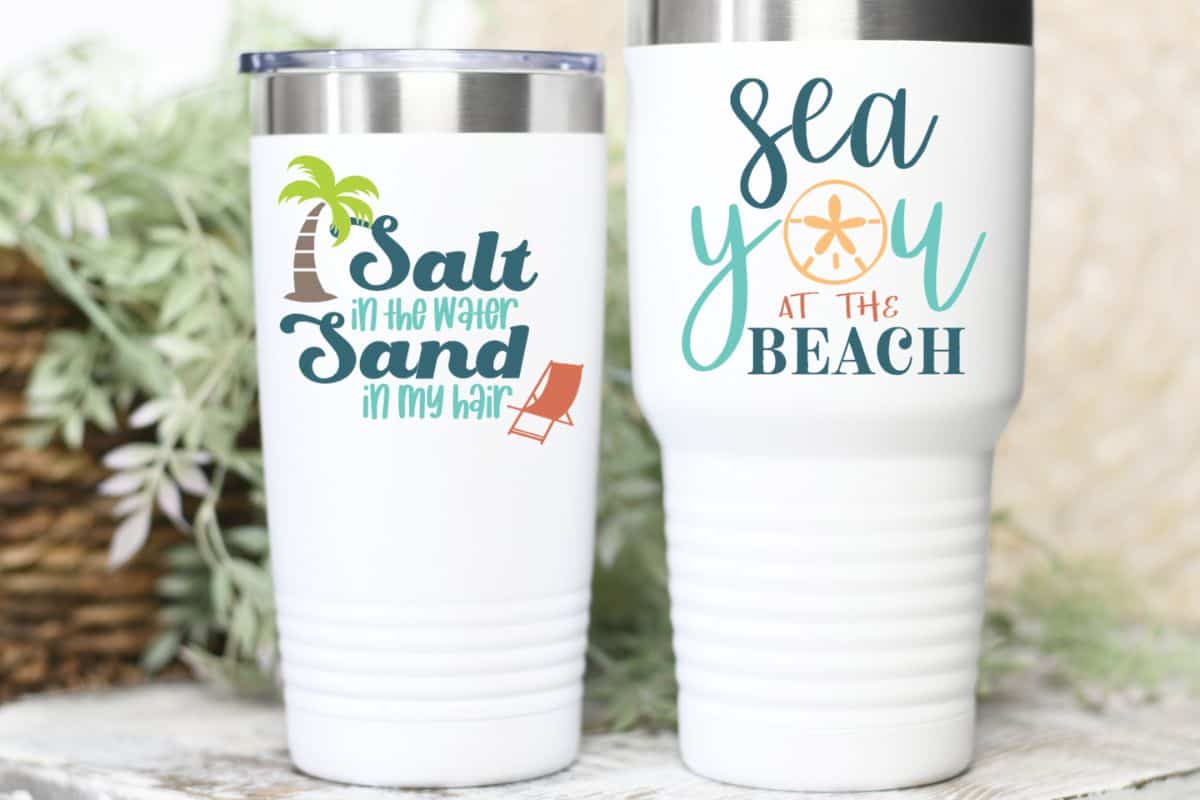 Free Beach and summer svg cut files on two tumblers.