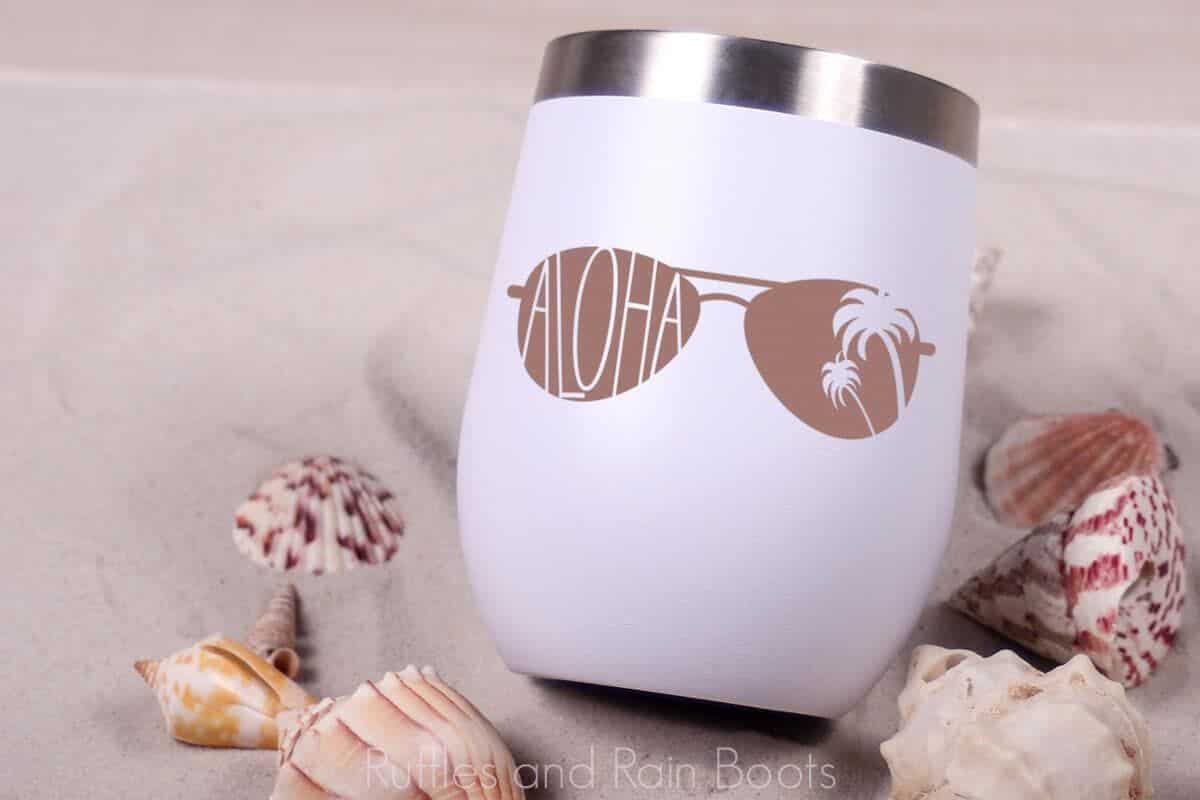 Aloha Sunglasses SVG cut file on a wine tumbler.
