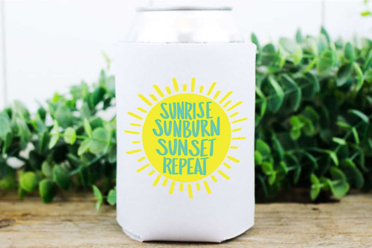 Sunrise Sunburn Sunset Repeat SVG on a can koozy.