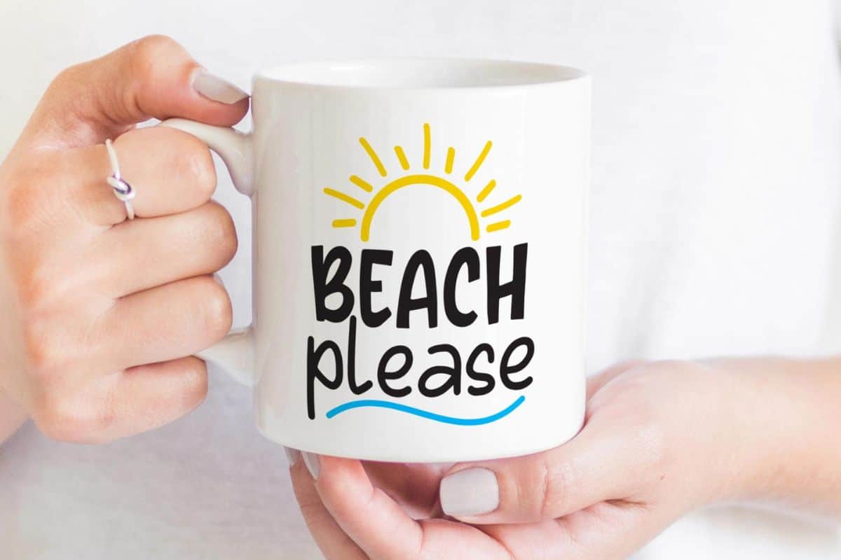 Beach Please SVG on a coffee mug.