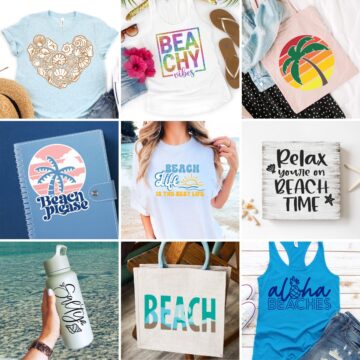 Collage image with 9 Beach- themed SVG designs.